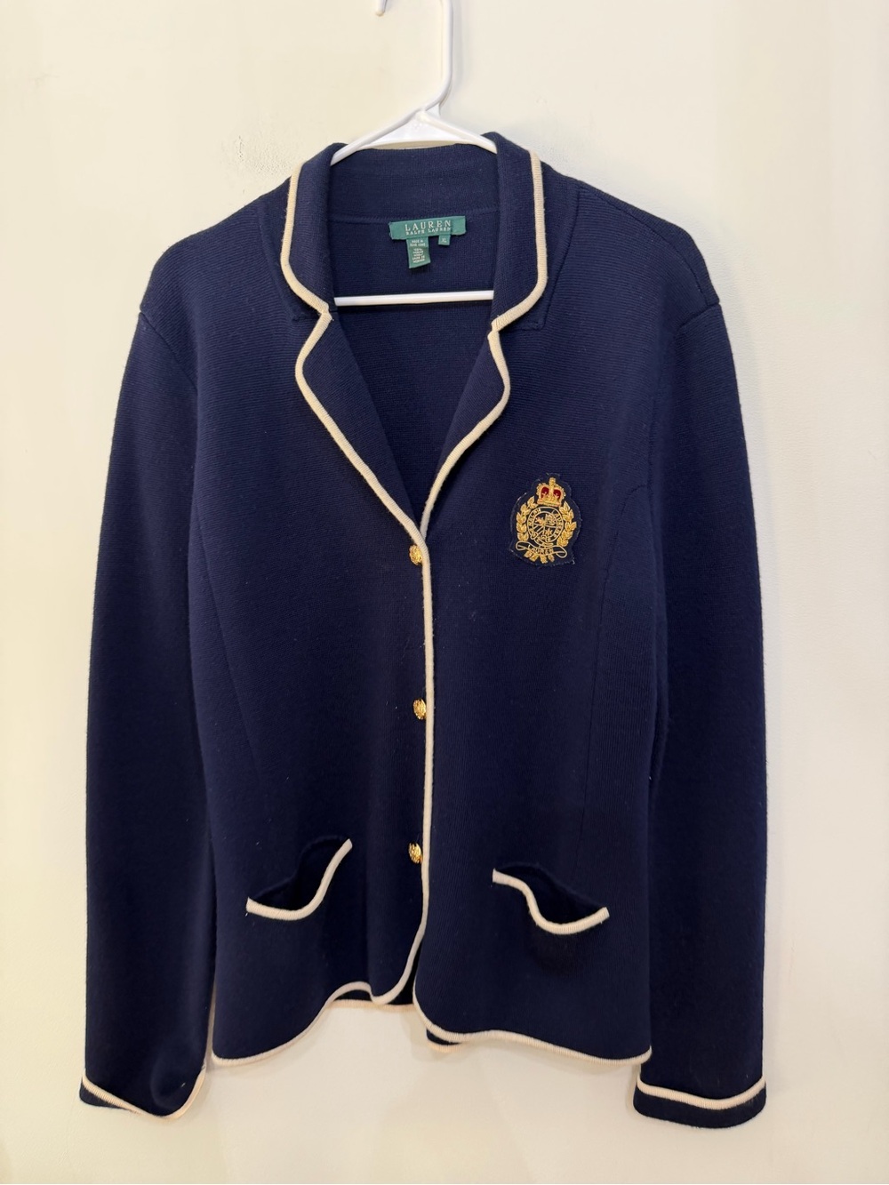 VTG Lauren Ralph Lauren Wool Crest Sweater Preppy Navy Blue Structured Womens XL